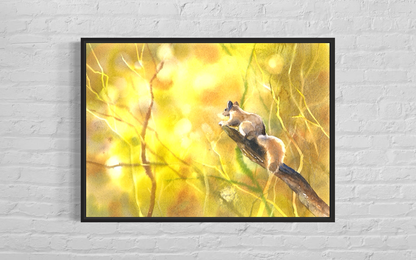 Fine art illustration of a squirrel surrounded by autumn leaves, rendered in rich watercolor—ideal for woodland-themed living room decor or travel-inspired collections.