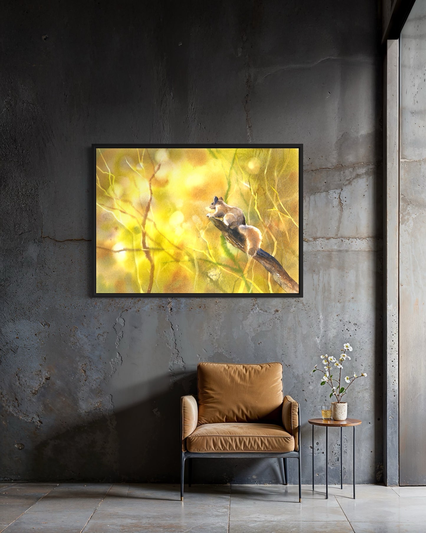 Woodland animal painting of a squirrel captured in delicate watercolor brushwork—great nature wall decor and home or office accent piece.
