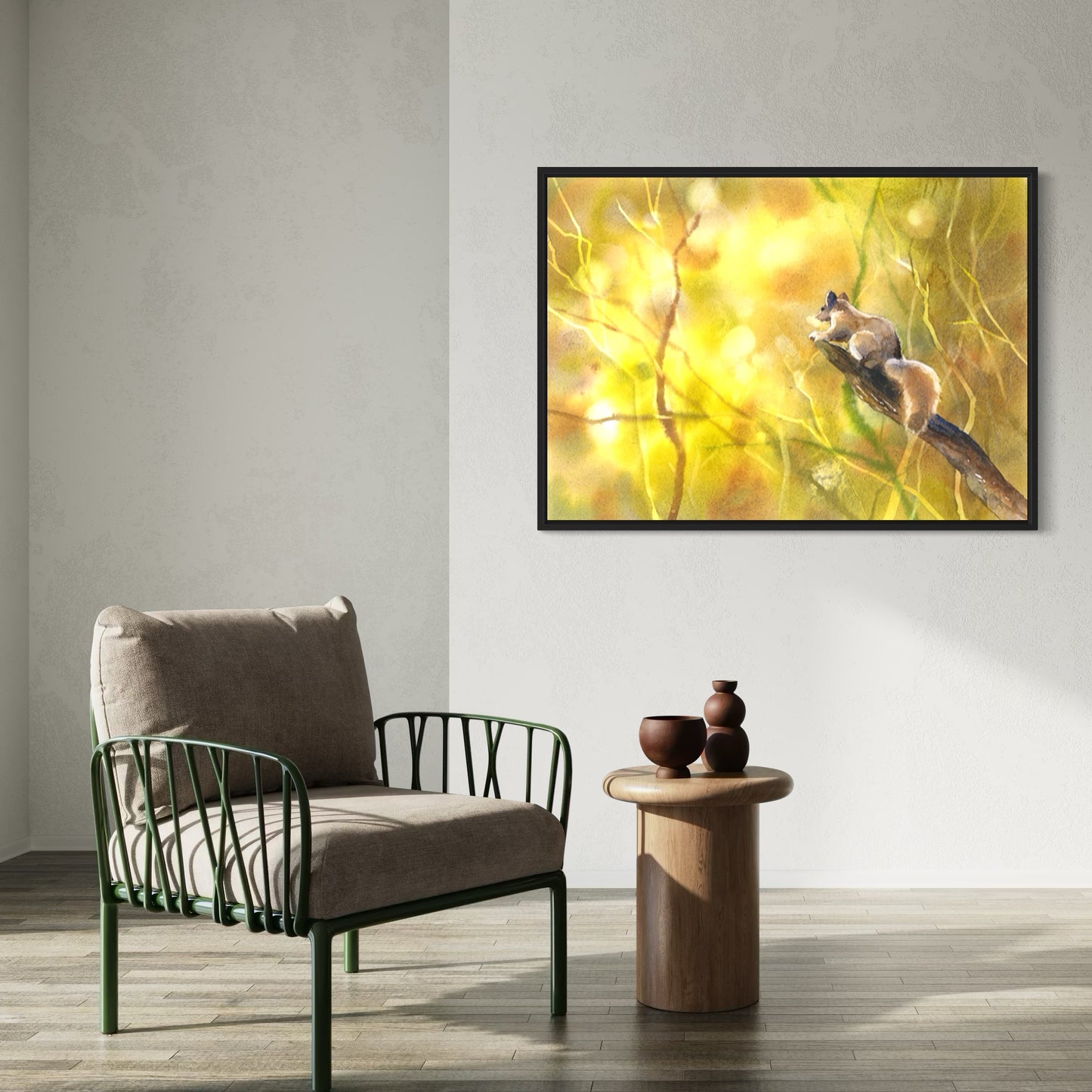 Vibrant squirrel watercolor art print highlighting the furry woodland creature in a natural setting—perfect for nature lovers and interior design enthusiasts.