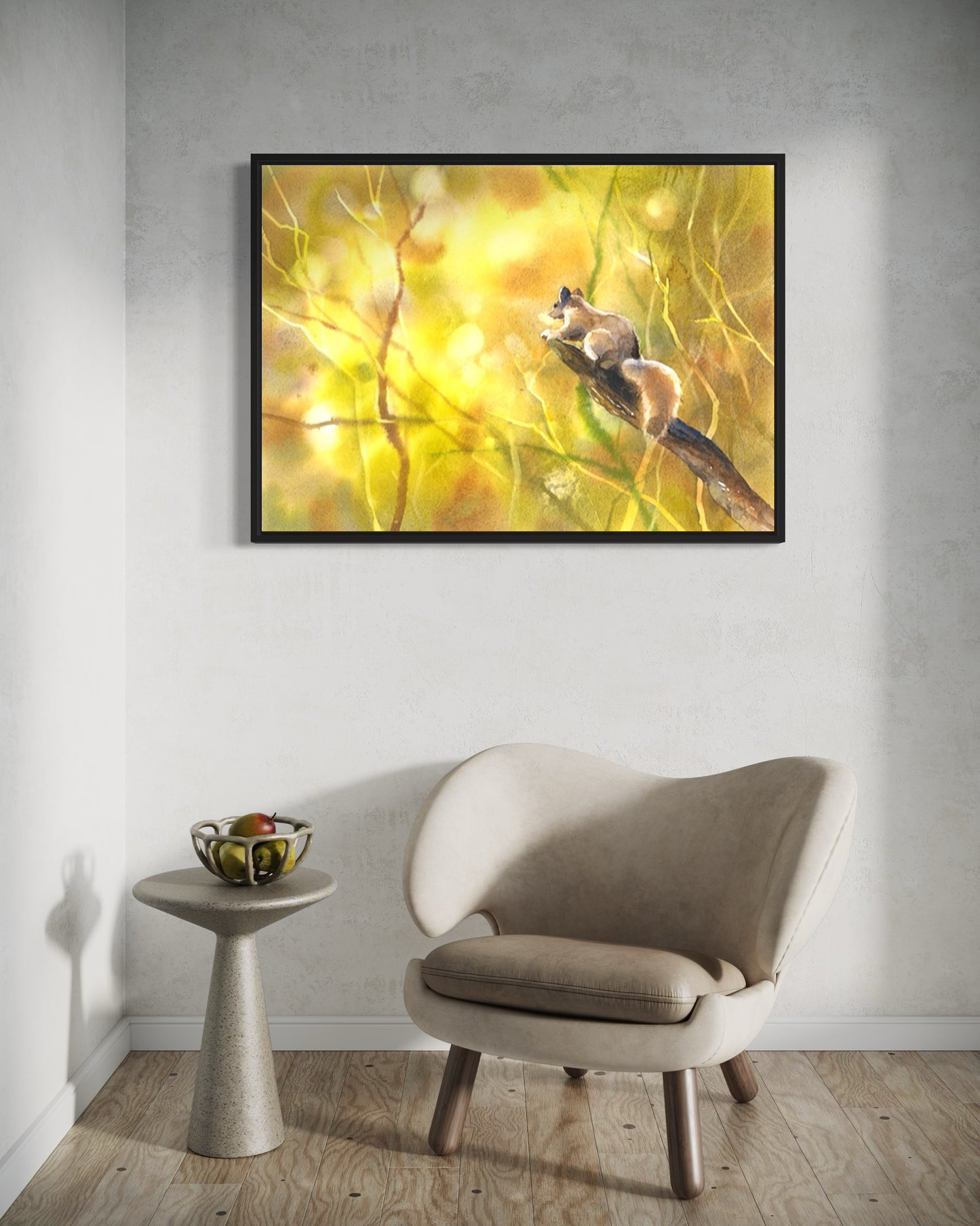 Handmade fine art illustration of a squirrel in soft watercolor tones with forest background—perfect for cozy living room art and a unique gift for him or her.