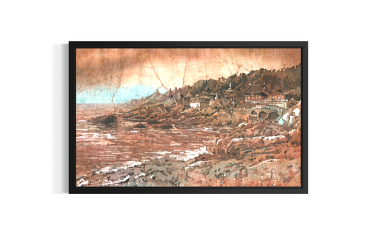 Seaside Buddhist temple in Busan Korea watercolor batik — Haedong Yonggungsa panoramic coastal view for travel art enthusiasts