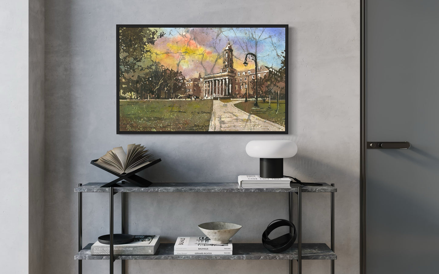 Watercolor painting of Penn State University’s Old Main, great for college football fans and students.