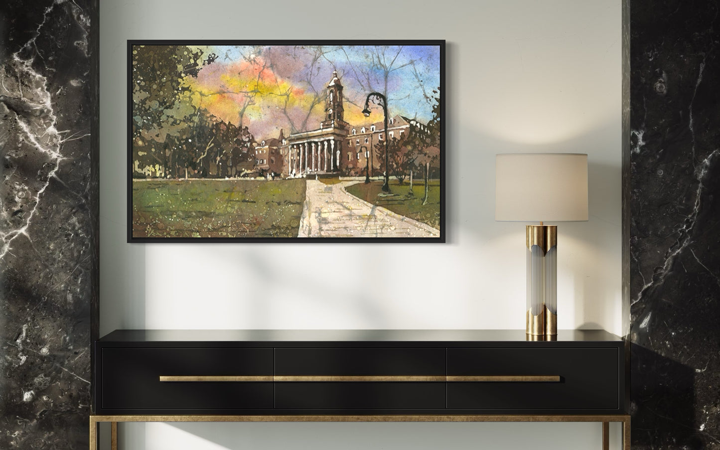 Penn State campus art print featuring Old Main in rich watercolor tones, perfect for dorm or office decor.