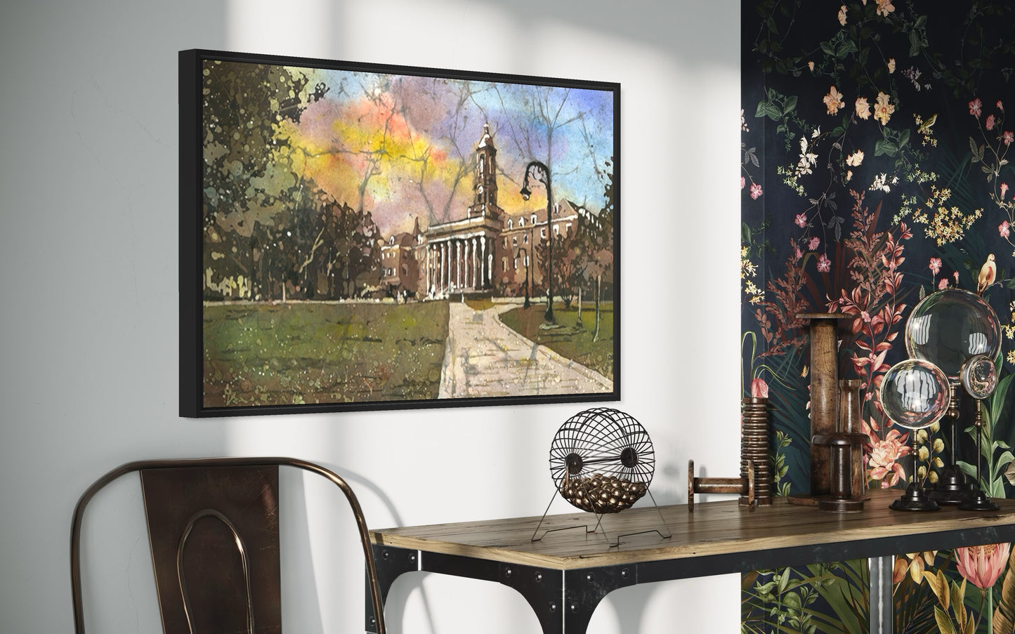 Hand-painted batik landscape of Penn State's Old Main, ideal graduation gift for proud Nittany Lions.