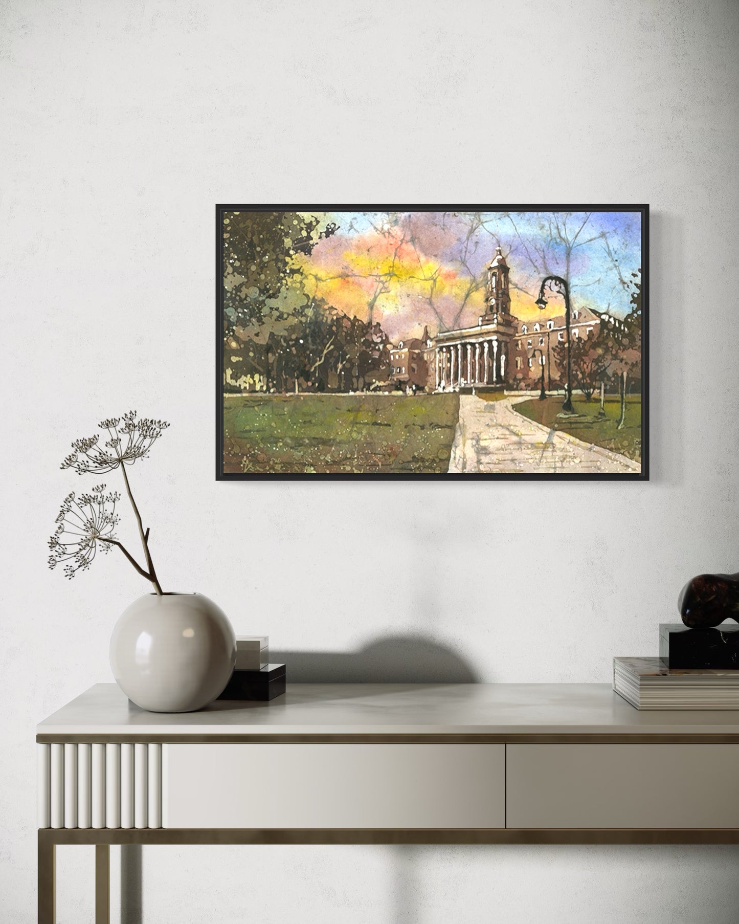 Batik-style watercolor of Penn State’s historic Old Main, a timeless piece for alumni and college sports fans.