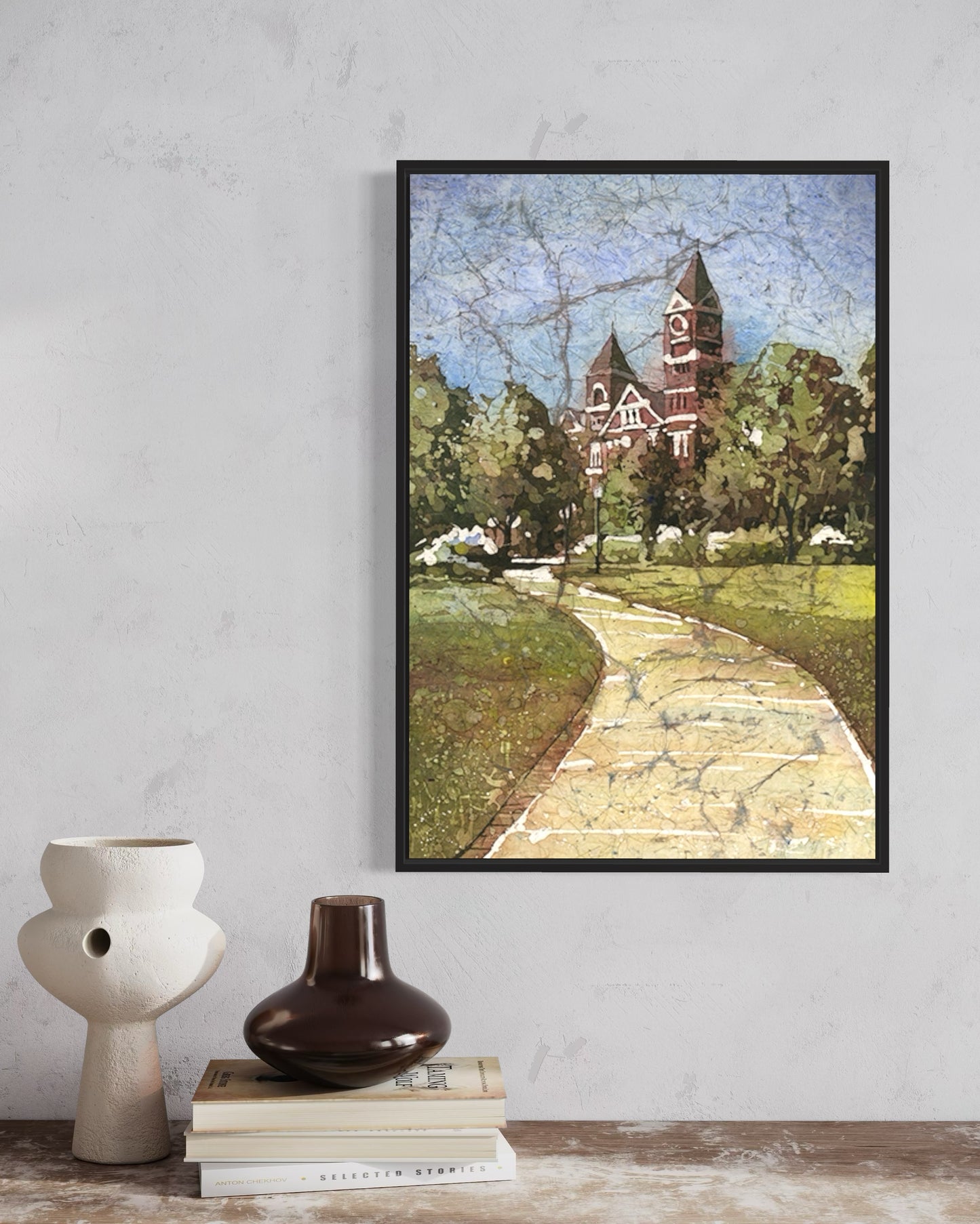 Architectural watercolor of Samford Hall, beloved Auburn campus landmark and college icon.