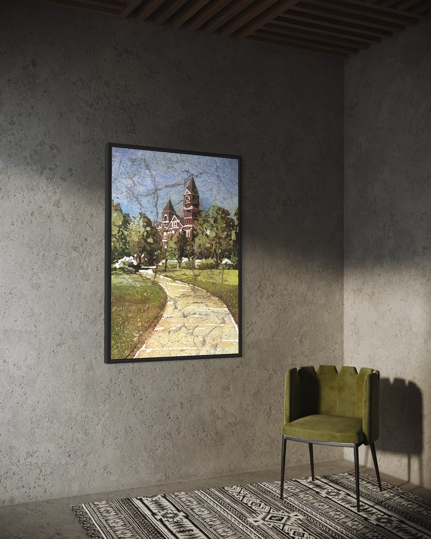 Auburn University wall art featuring vibrant watercolor batik of historic Samford Hall.