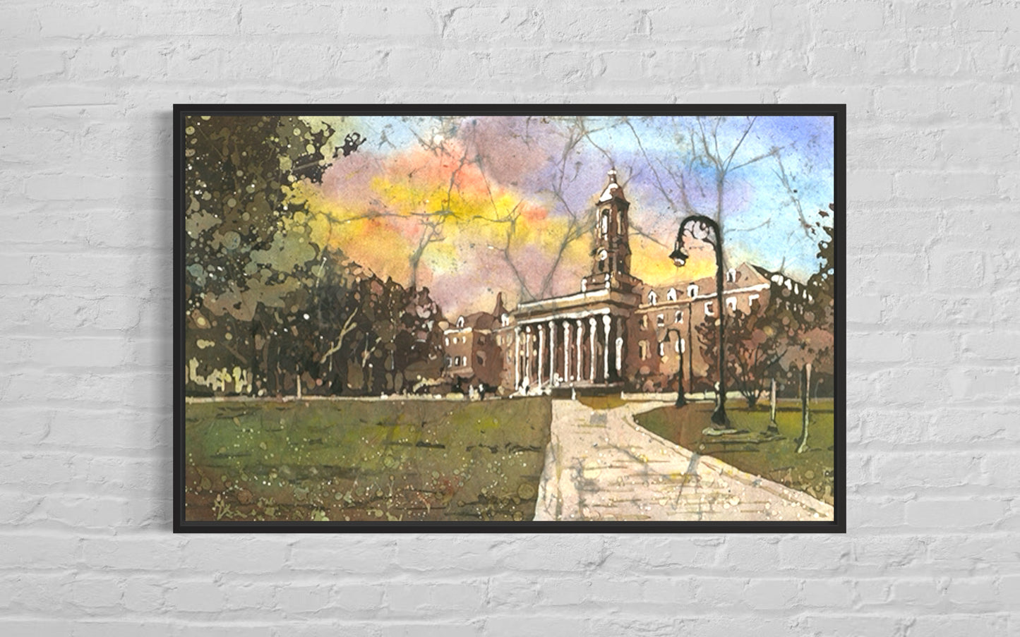 Penn State Old Main watercolor artwork capturing iconic campus architecture in vibrant style.