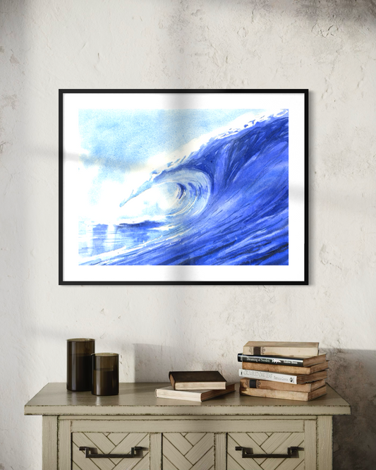 Original watercolor seascape of curling ocean wave with dynamic movement