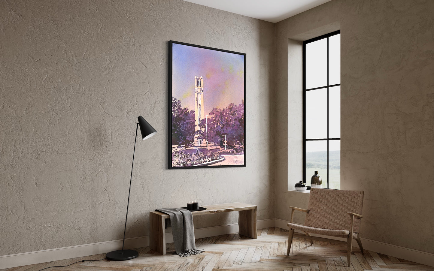 Fine art print of the NCSU Belltower surrounded by vibrant trees and blue skies—perfect for college dorm room or office decor.