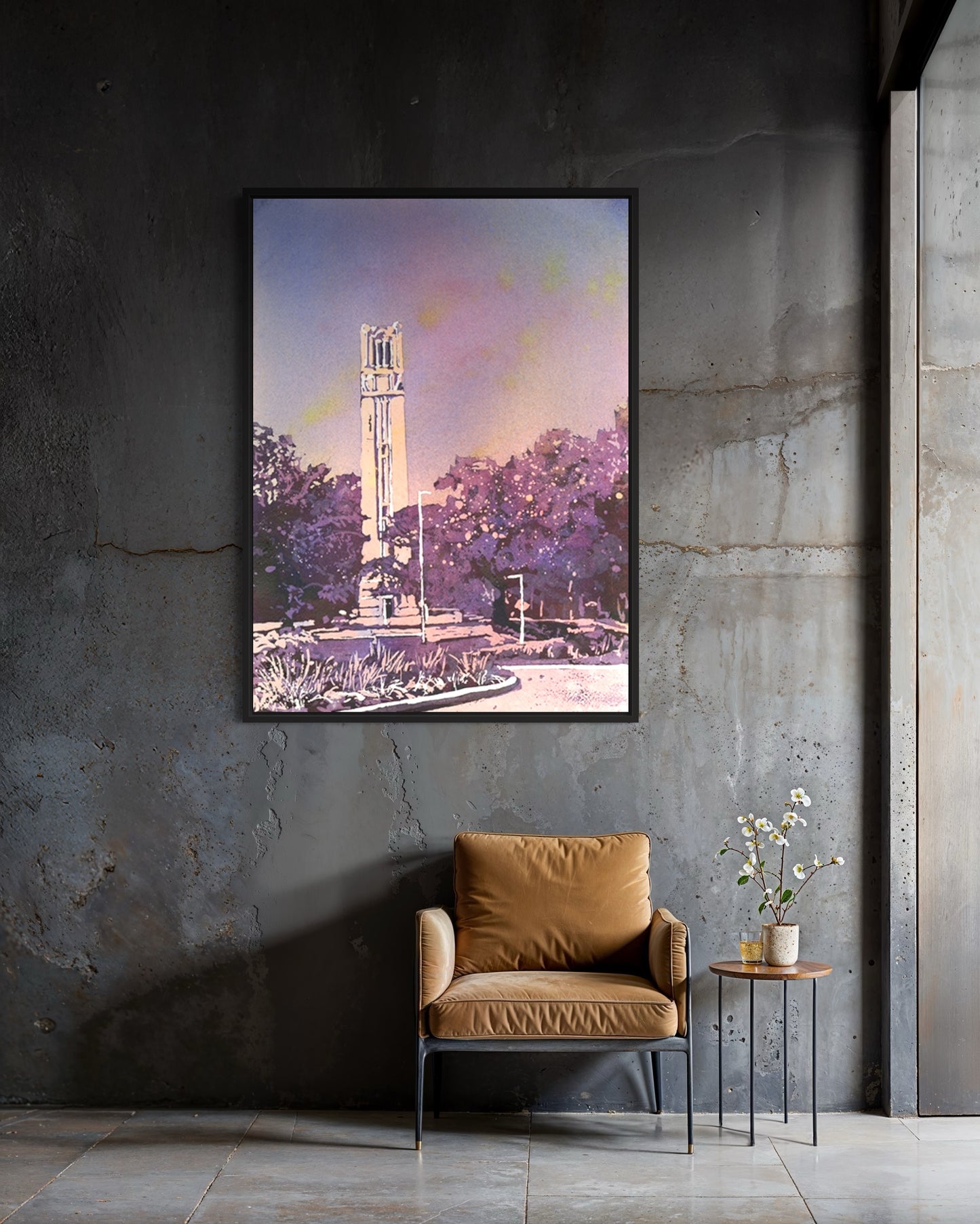 Colorful watercolor landscape of NC State University’s iconic Belltower—Raleigh campus art print for students and alumni.