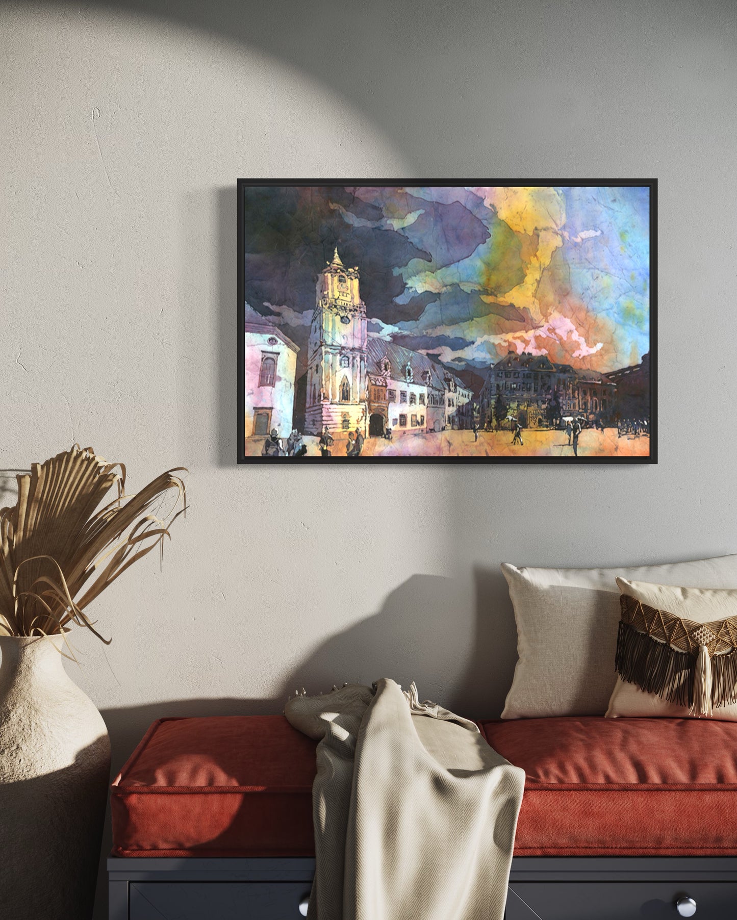 Bratislava Slovakia Old Town Hall at sunset colorful watercolor batik painting art for house interior design  (print)