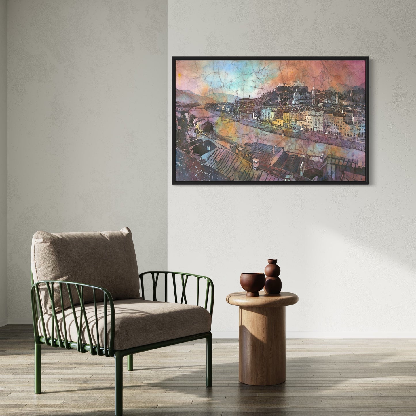 Paisaje de acuarela del horizonte de Salzburgo Austria, arte de pared de moda artículo hecho a mano arte de arquitectura austriaca para la casa (impresión)