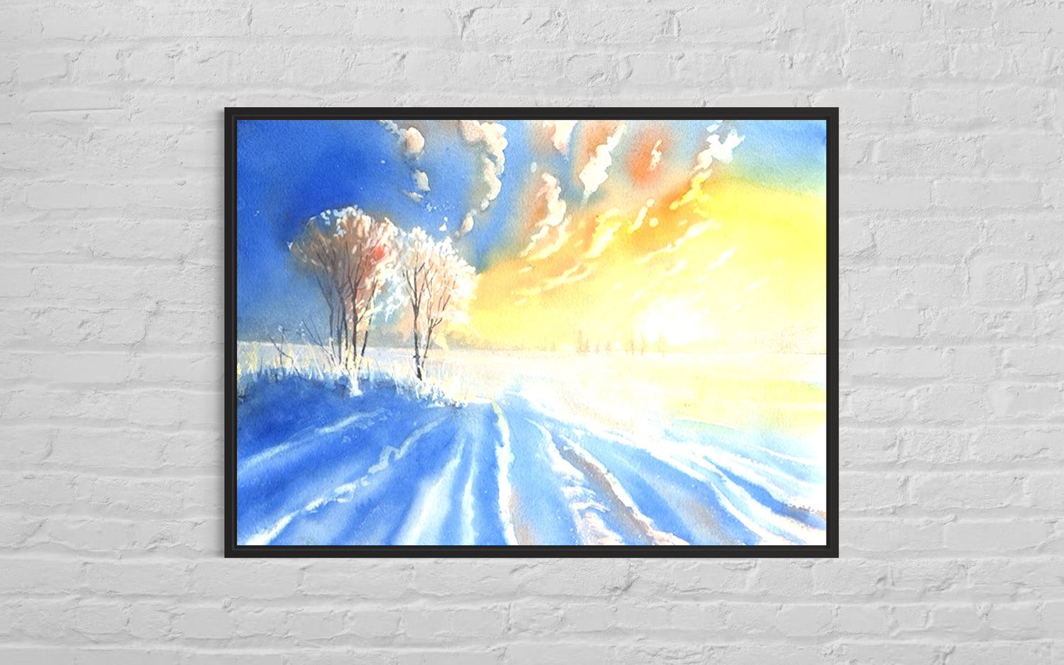 Fine art watercolor painting of a glowing winter sunset casting golden light over a snowy field—perfect nature-themed artwork for home or office interior design.