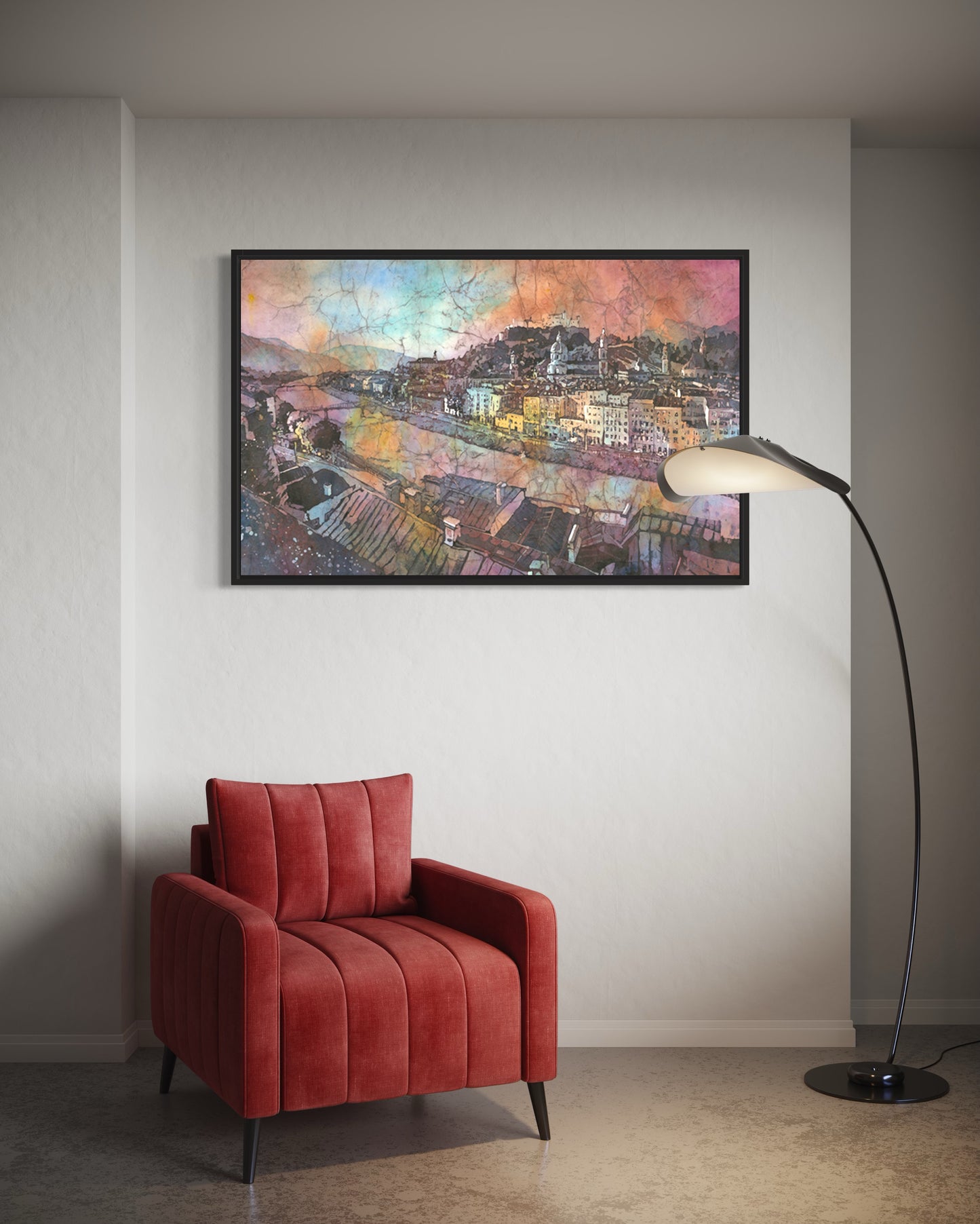 Paisaje de acuarela del horizonte de Salzburgo Austria, arte de pared de moda artículo hecho a mano arte de arquitectura austriaca para la casa (impresión)