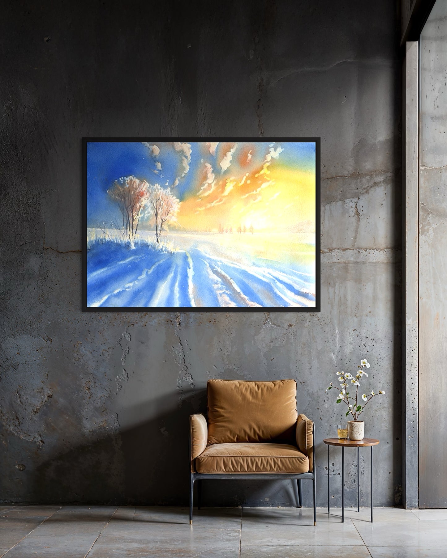 Atmospheric watercolor painting of a colorful winter sunset with snow-covered trees and distant horizon—travel-inspired art for house decor and collectors of fine nature artwork.