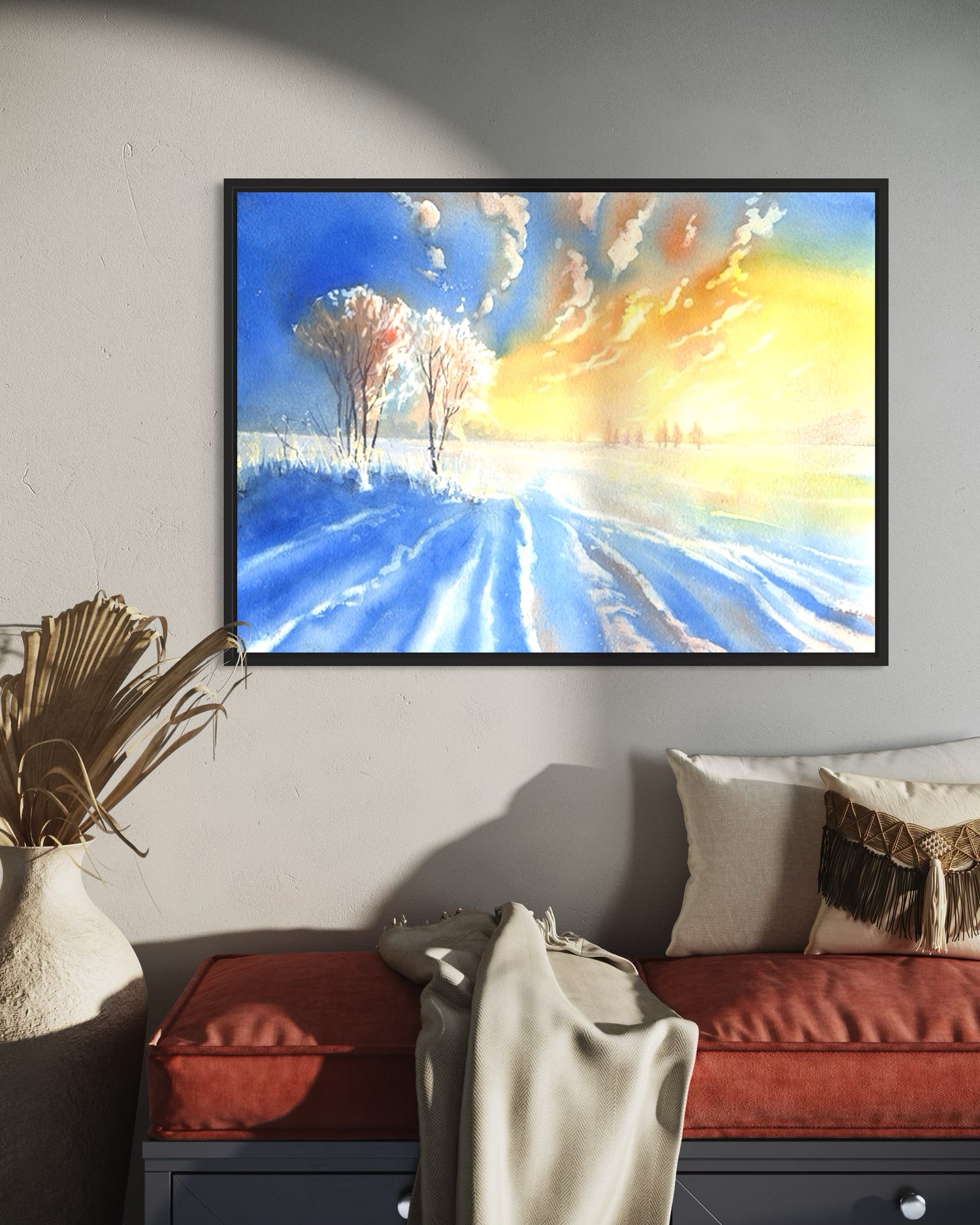 Serene winter landscape in watercolor with radiant sunset and icy blue snow—unique nature wall art gift and seasonal painting for living room or office.
