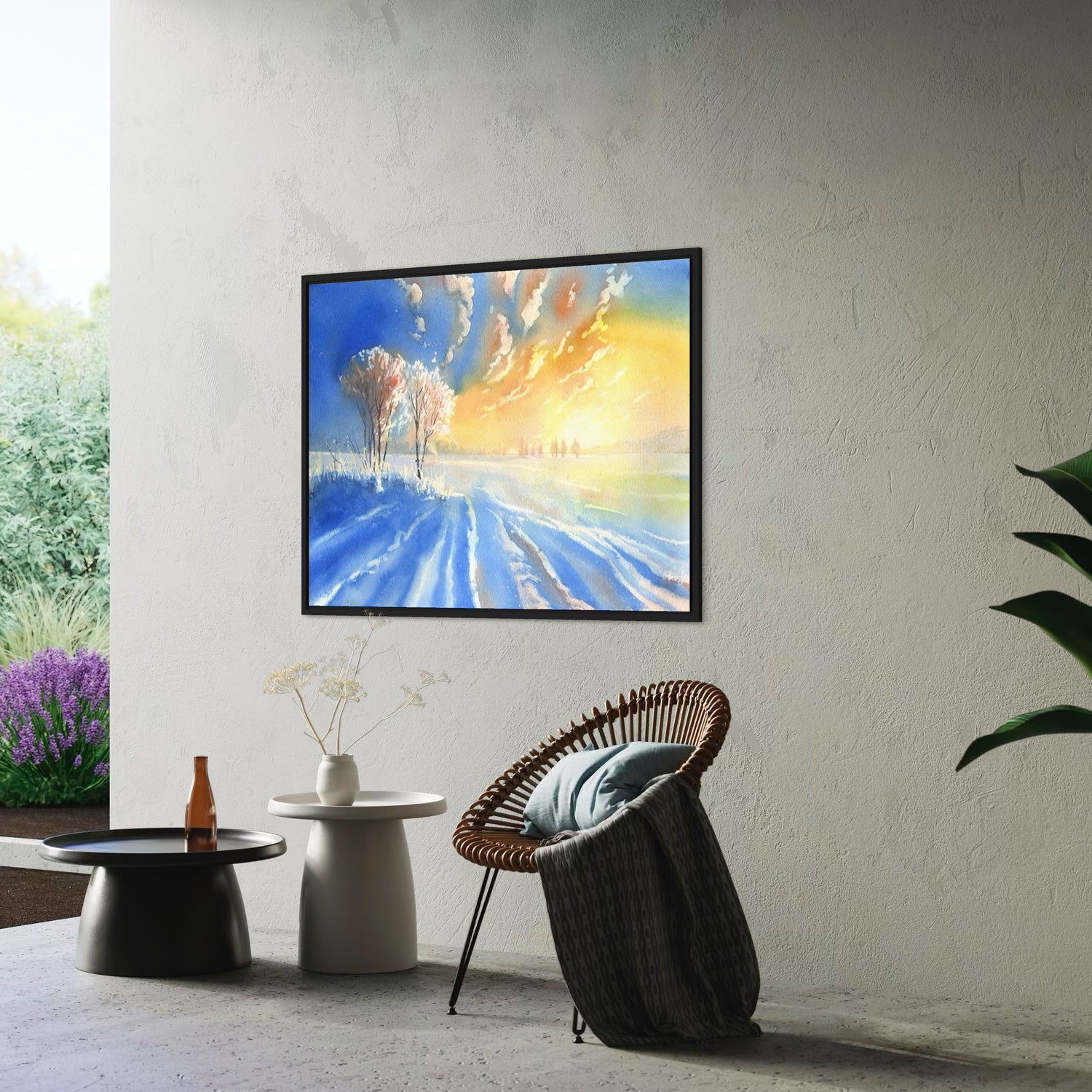 Winter landscape watercolor print showing vivid sky gradients and frosty trees at sunset—elegant nature scene for gift for him or her and cozy home decor.