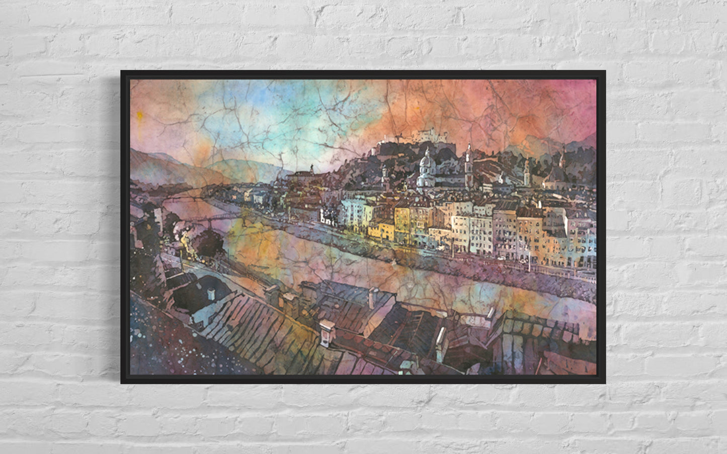 Paisaje de acuarela del horizonte de Salzburgo Austria, arte de pared de moda artículo hecho a mano arte de arquitectura austriaca para la casa (impresión)