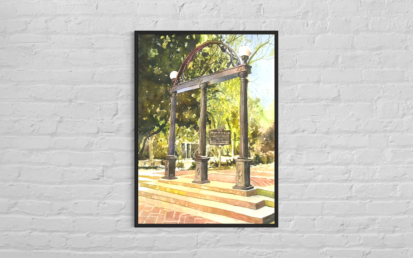 Elegant campus scene with the University of Georgia Cast Iron Arch in a colorful watercolor landscape—thoughtful alumni or retirement gift.