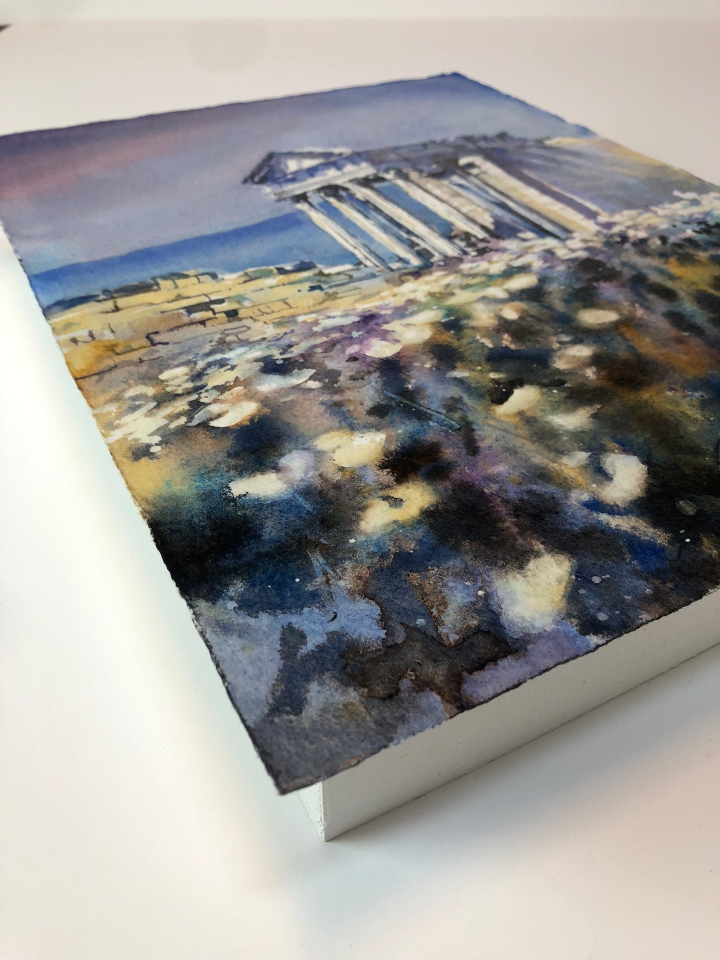 Pintura del templo romano en las ruinas de Dougga en Túnez-África. Ruinas romanas Túnez acuarela pintura bellas artes (original)