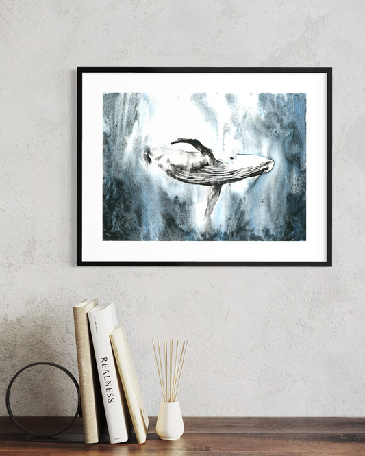 Watercolor painting of whale swimming underwater in deep ocean