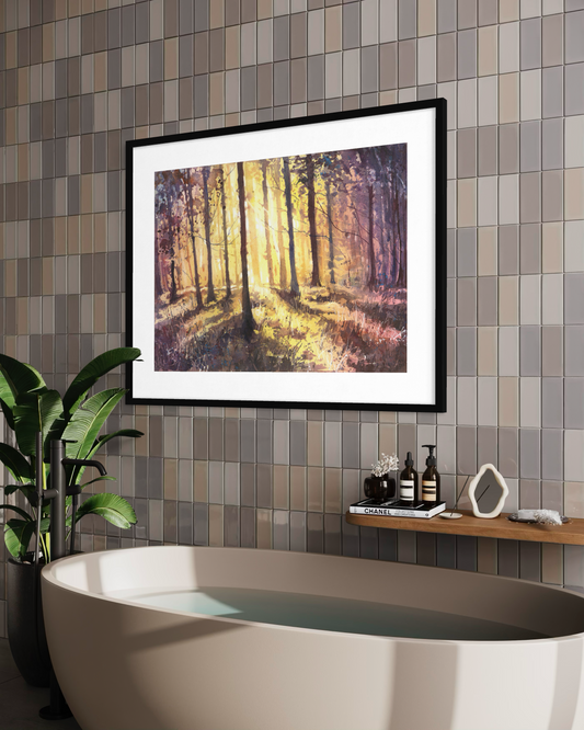 Colorful forest at sunset watercolor landscape painting suns rays sunset artwork art for house handmade item trees decor (original)