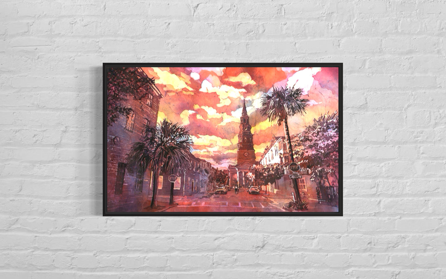 Horizonte de Charleston: iglesia histórica en la ciudad colonial de Charleston, Carolina del Sur. Charleston acuarela pintura paisaje bellas artes (impresión)