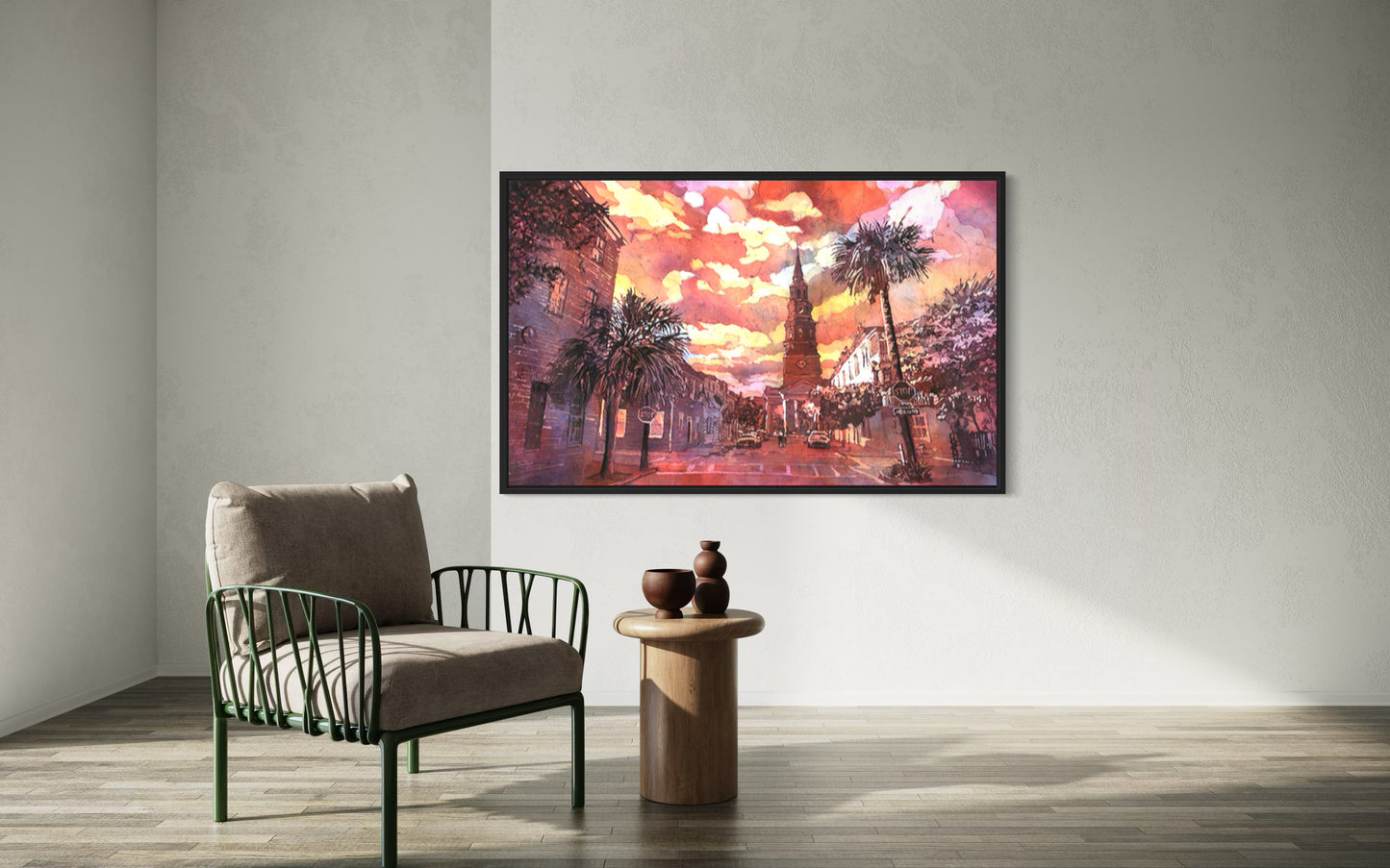 Horizonte de Charleston: iglesia histórica en la ciudad colonial de Charleston, Carolina del Sur. Charleston acuarela pintura paisaje bellas artes (impresión)
