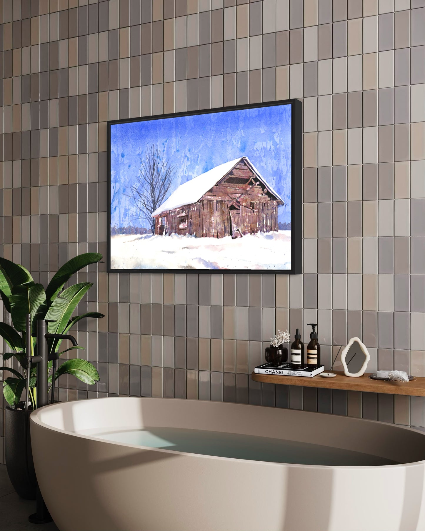 Watercolor landscape painting barn snowy field, trendy wall art  art for house interior design gicee (print)