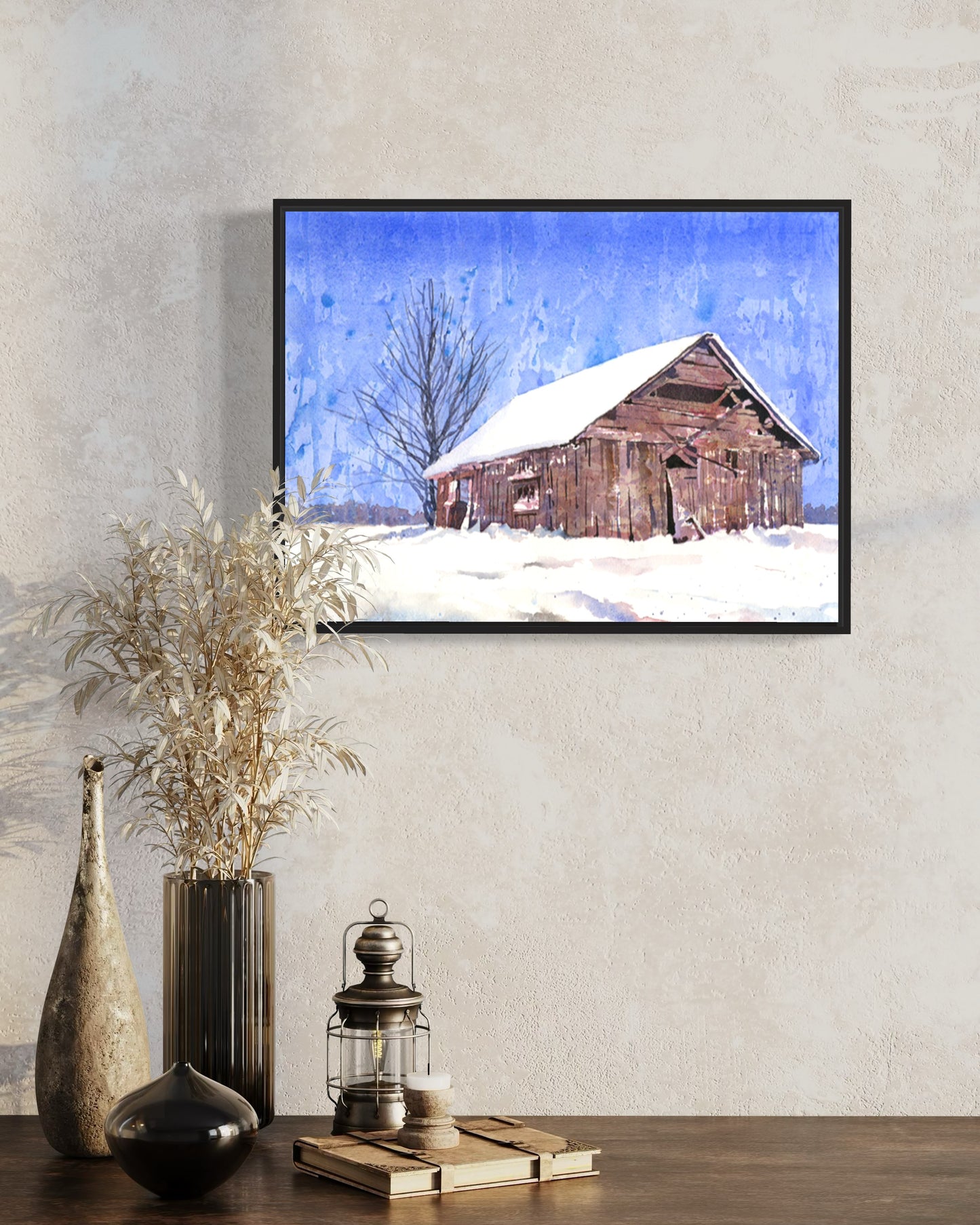 Watercolor landscape painting barn snowy field, trendy wall art  art for house interior design gicee (print)