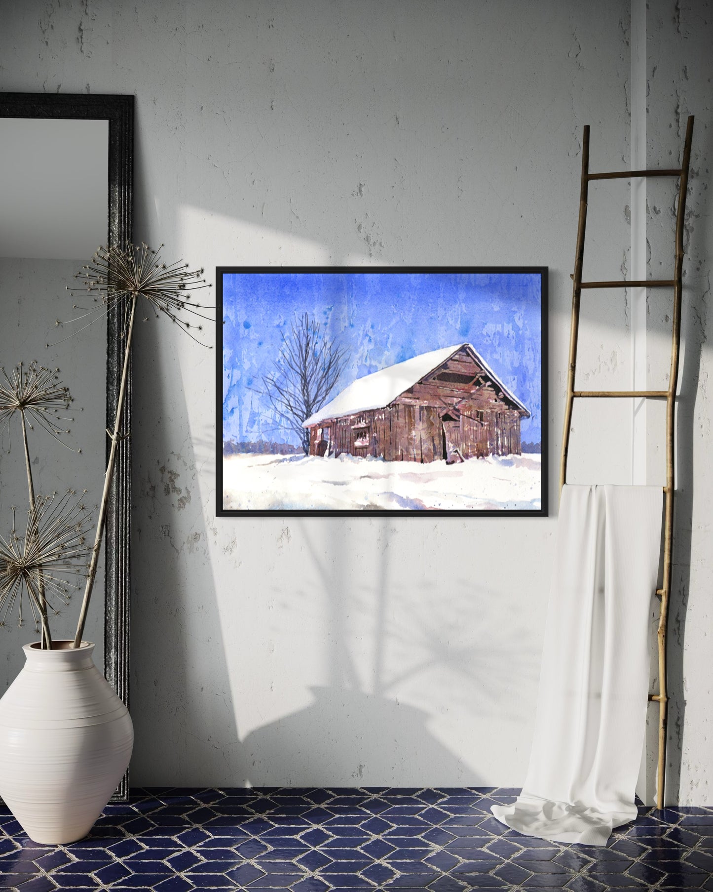 Watercolor landscape painting barn snowy field, trendy wall art  art for house interior design gicee (print)