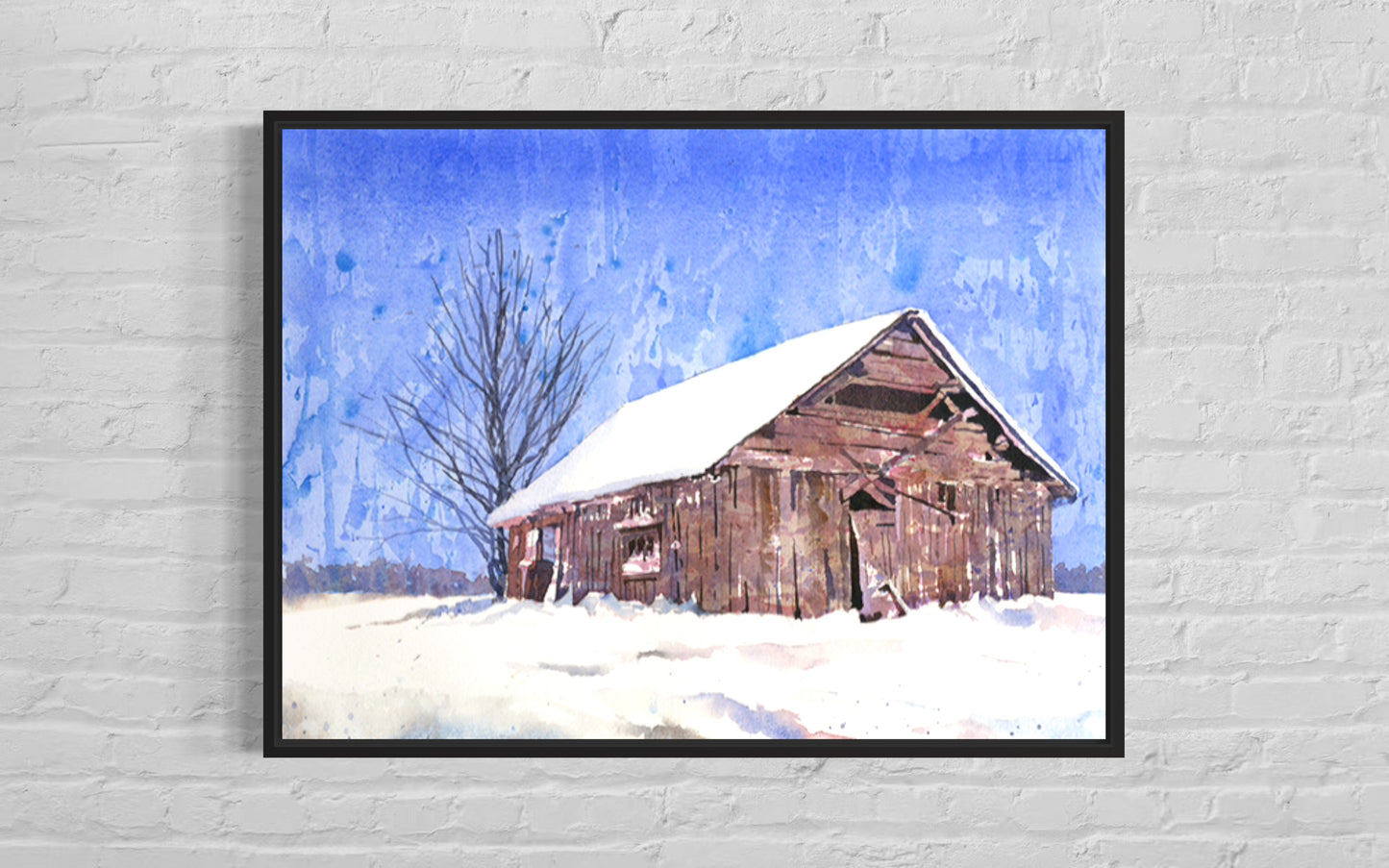 Watercolor landscape painting barn snowy field, trendy wall art  art for house interior design gicee (print)