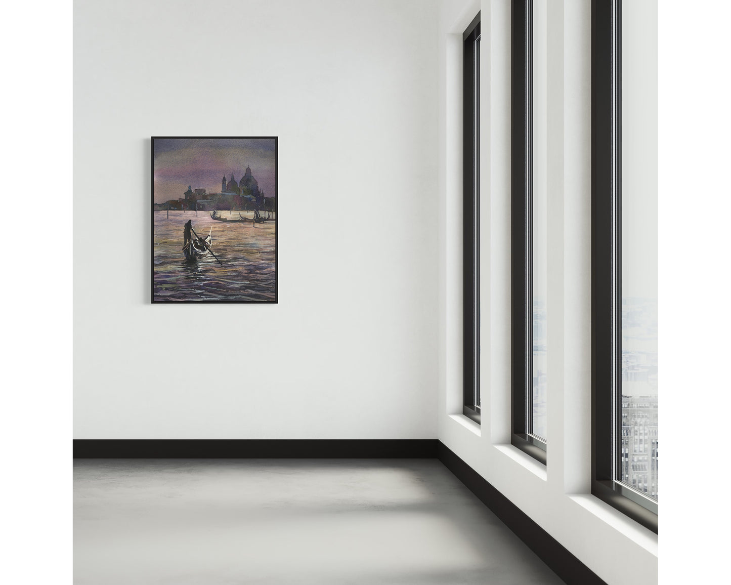 Romantic moonlit scene of Venice with gondolier and iconic domes in expressive watercolor style.