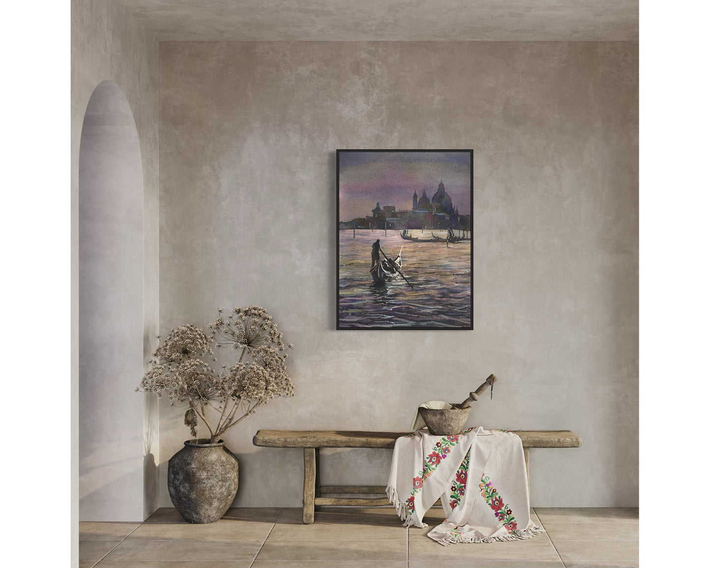 Colorful Venice cityscape watercolor featuring a gondola and historic architecture at night.