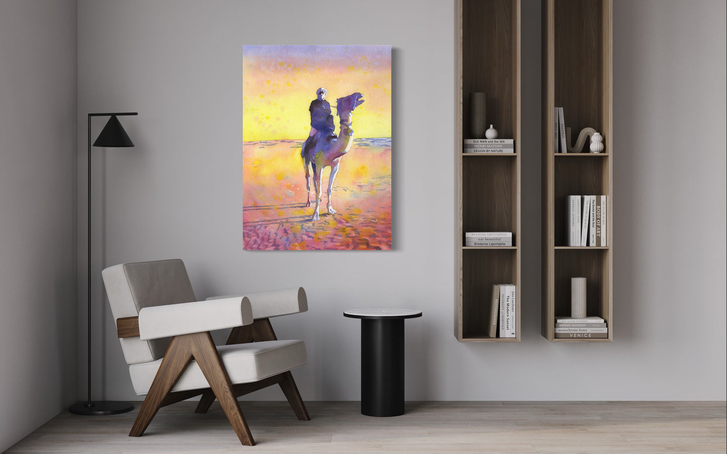 Beduinos en camello en el desierto del Sahara, Tozeur, Túnez. Obras de arte del desierto Hombre beduino pintando arte colorido Túnez Desierto del Sahara (impresión)
