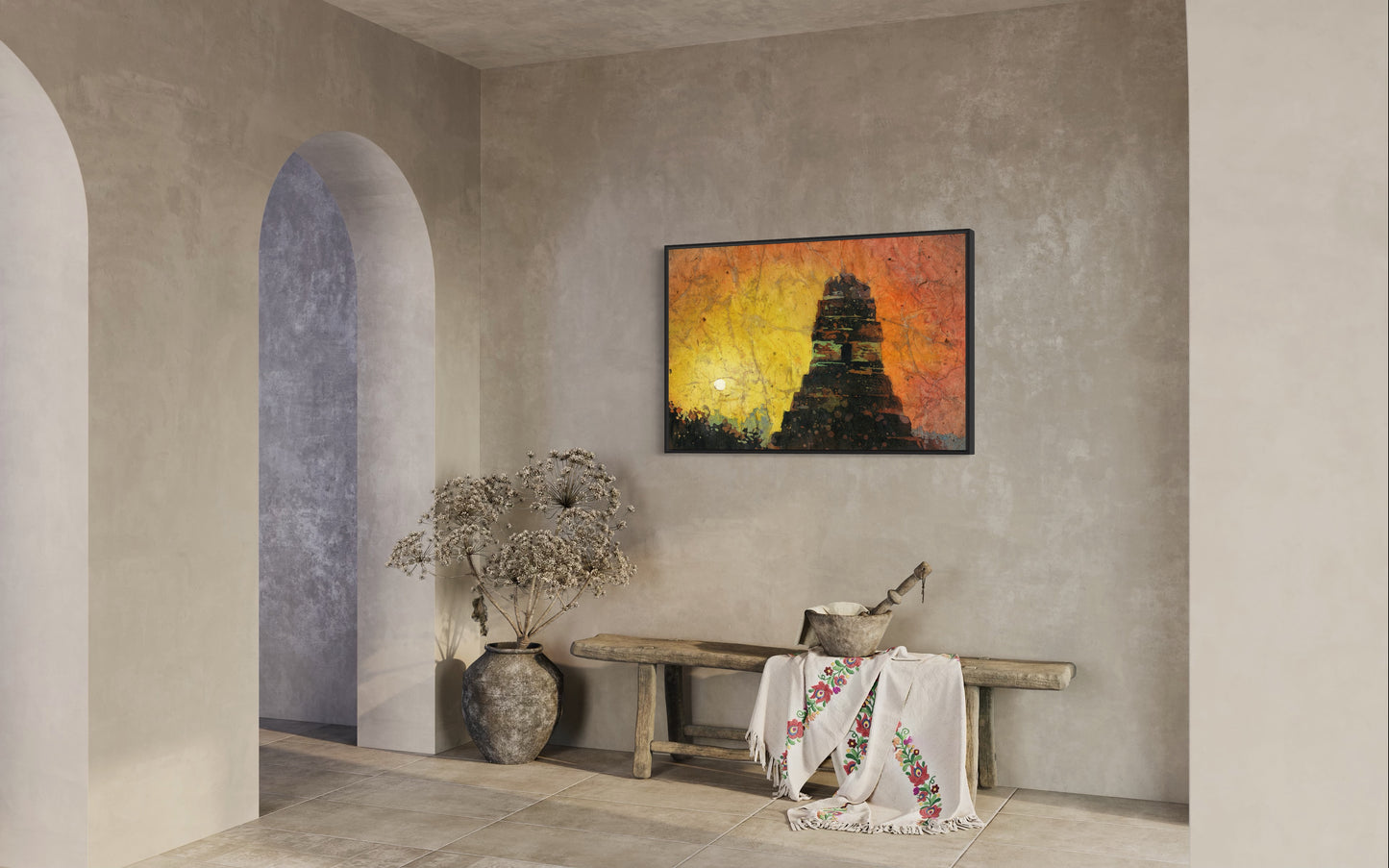Mayan temple in the archaeological park of Tikal in Guatemala. Sunrise Tikal fine art painting watercolor batik sunset Guatemala Tikal (print)