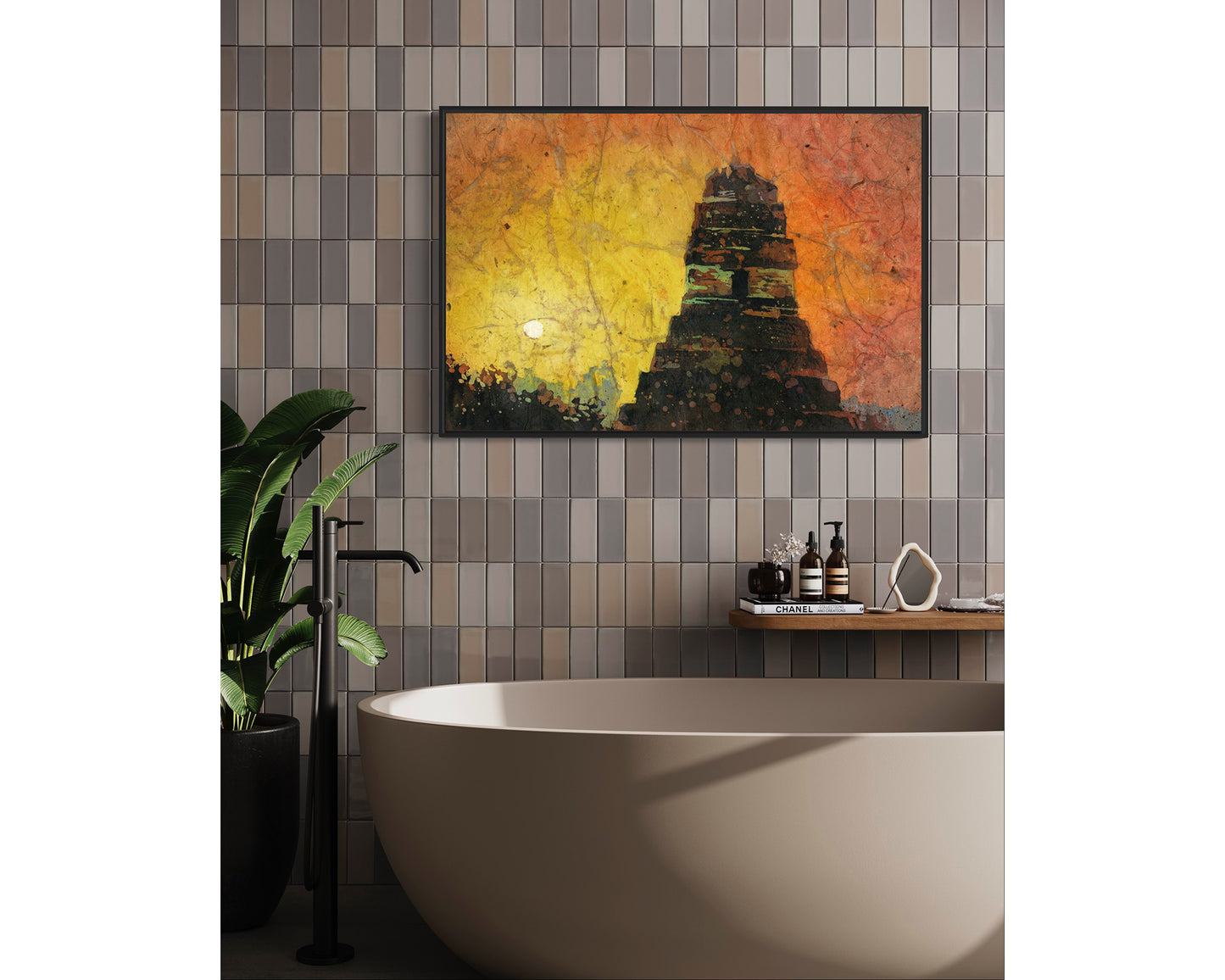 Mayan temple in the archaeological park of Tikal in Guatemala. Sunrise Tikal fine art painting watercolor batik sunset Guatemala Tikal (print)