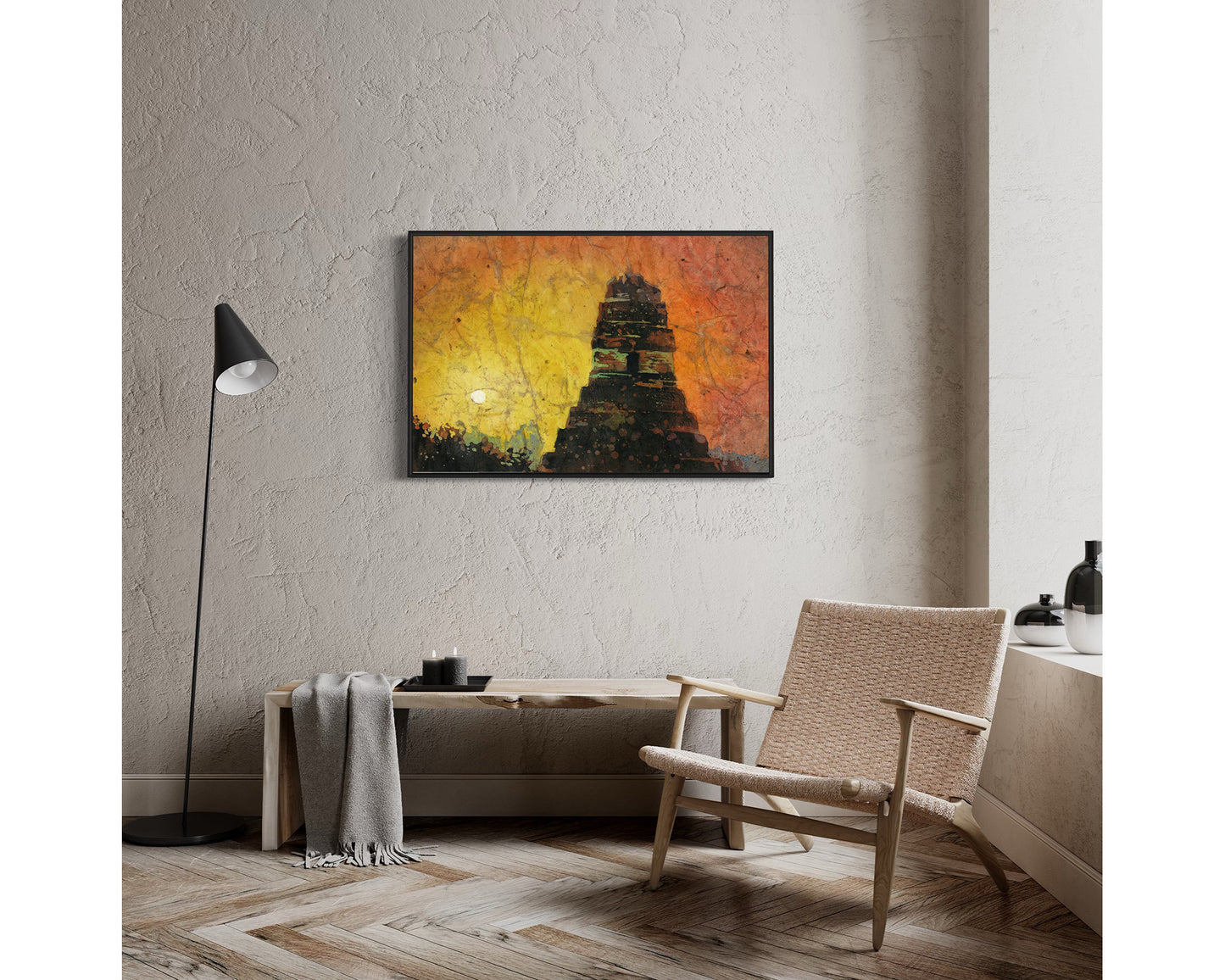 Mayan temple in the archaeological park of Tikal in Guatemala. Sunrise Tikal fine art painting watercolor batik sunset Guatemala Tikal (print)