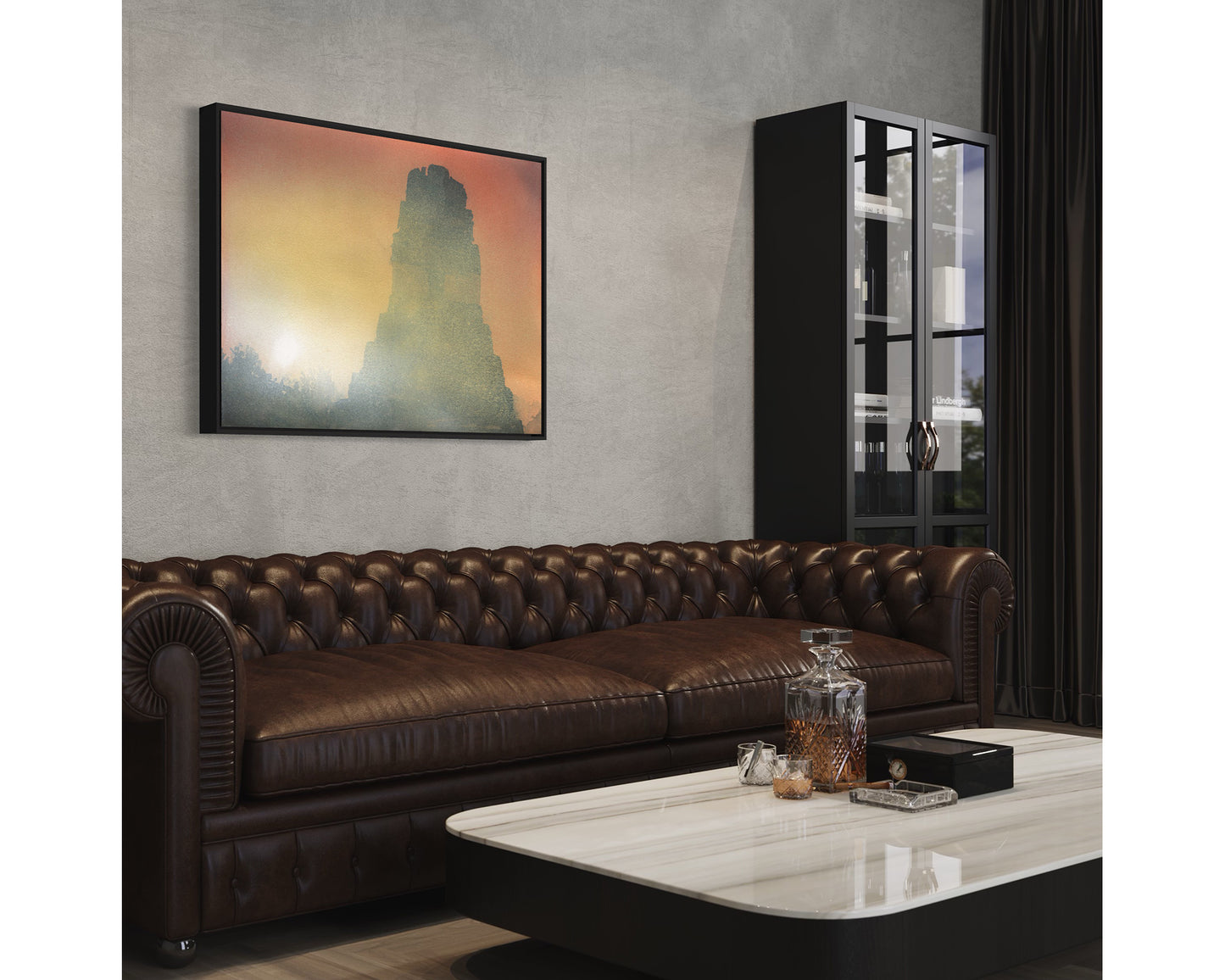 Templo maya en el parque arqueológico de Tikal en Guatemala. Amanecer Tikal pintura de bellas artes ruinas mayas colorido arte mural Guatemala (impresión)