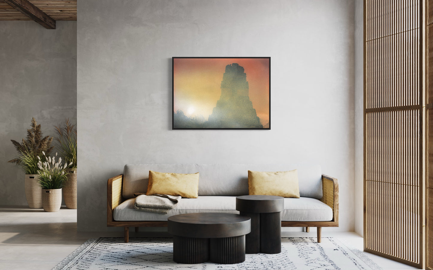 Templo maya en el parque arqueológico de Tikal en Guatemala. Amanecer Tikal pintura de bellas artes ruinas mayas colorido arte mural Guatemala (impresión)