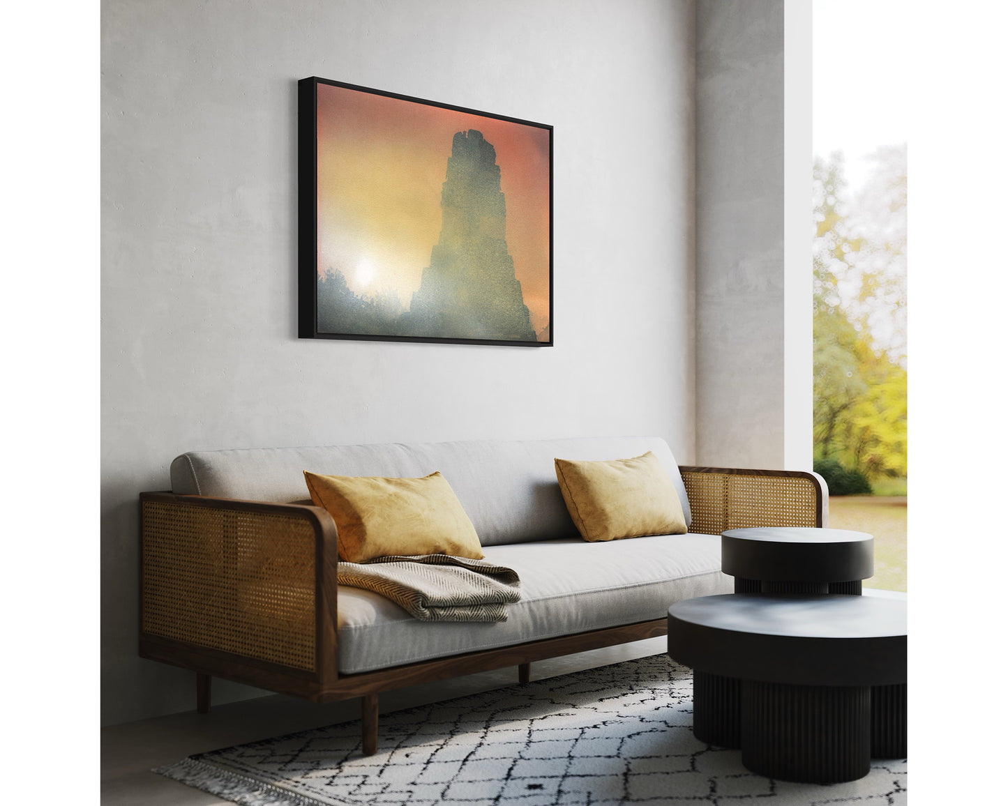 Templo maya en el parque arqueológico de Tikal en Guatemala. Amanecer Tikal pintura de bellas artes ruinas mayas colorido arte mural Guatemala (impresión)