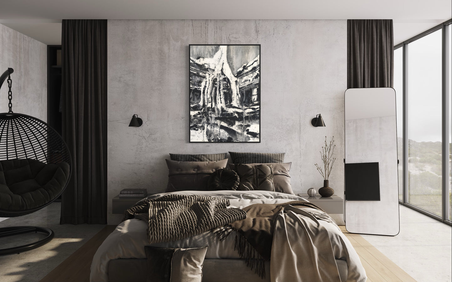 Scenic watercolor of the mystical ruins of Ta Prohm at Angkor Wat archaeological park, with the iconic sycamore tree growing over stone carvings—perfect wall art for heritage lovers.