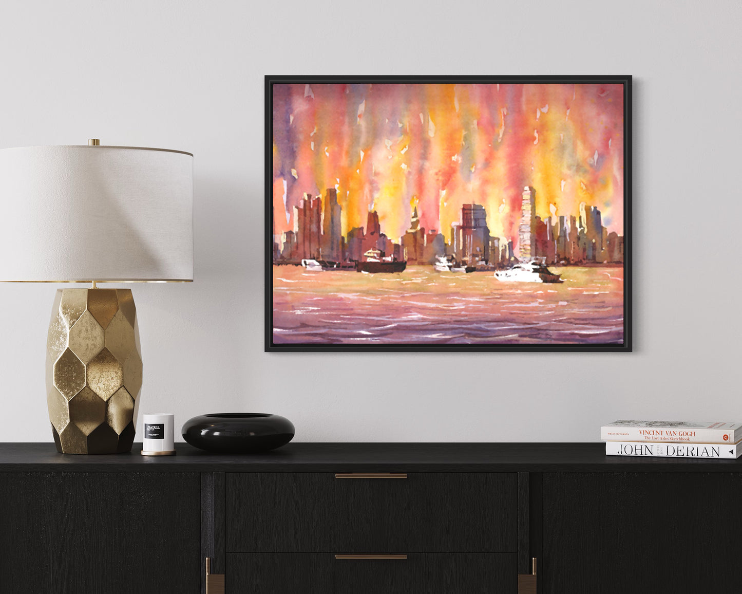Watercolor landscape painting Panama City Central America, trendy wall art nautical artwork travel essentials colorful wall sunset (original)