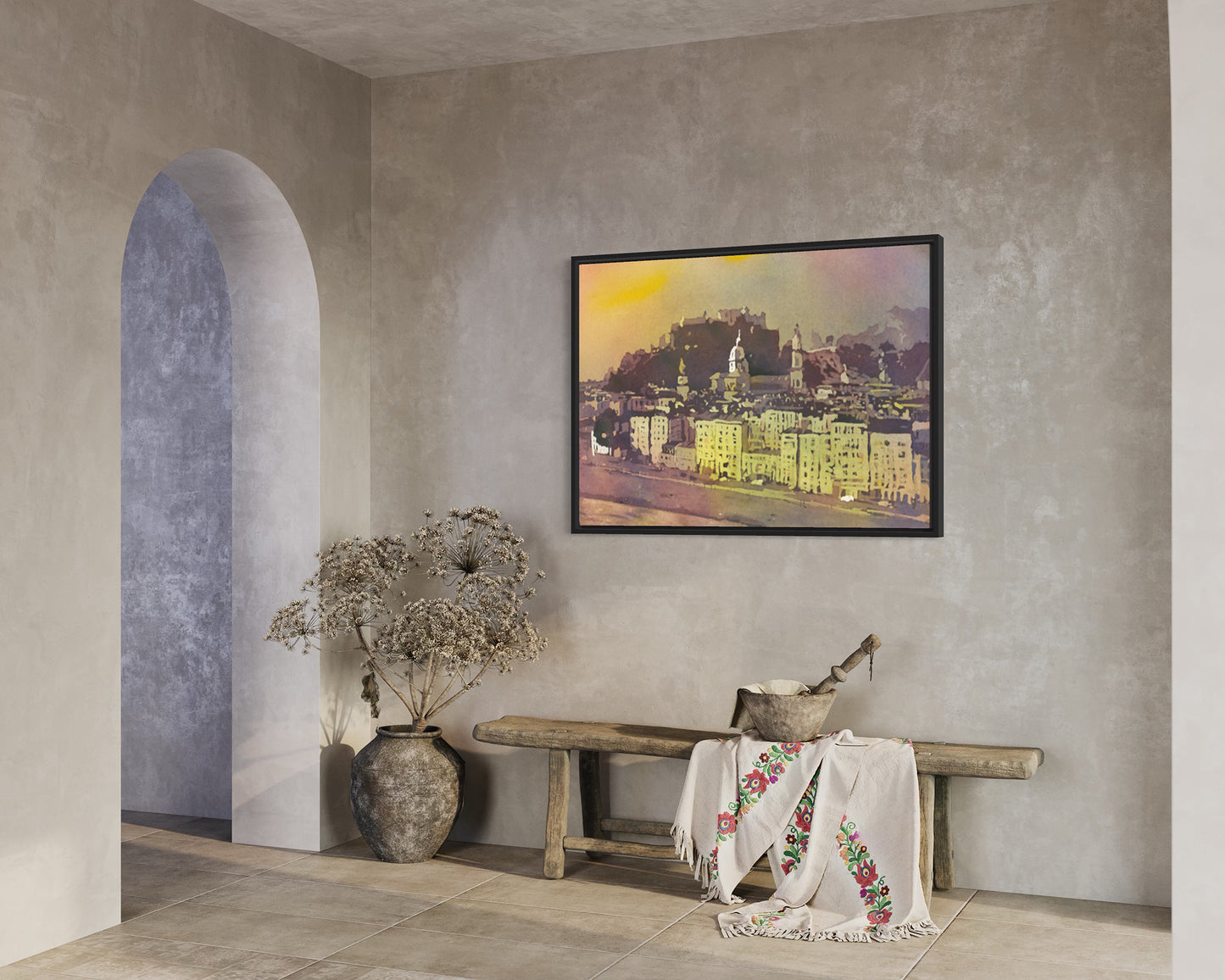 Watercolor landscape Salzburg Austria skyline, trendy wall art  Austrian architecture art for house (original)