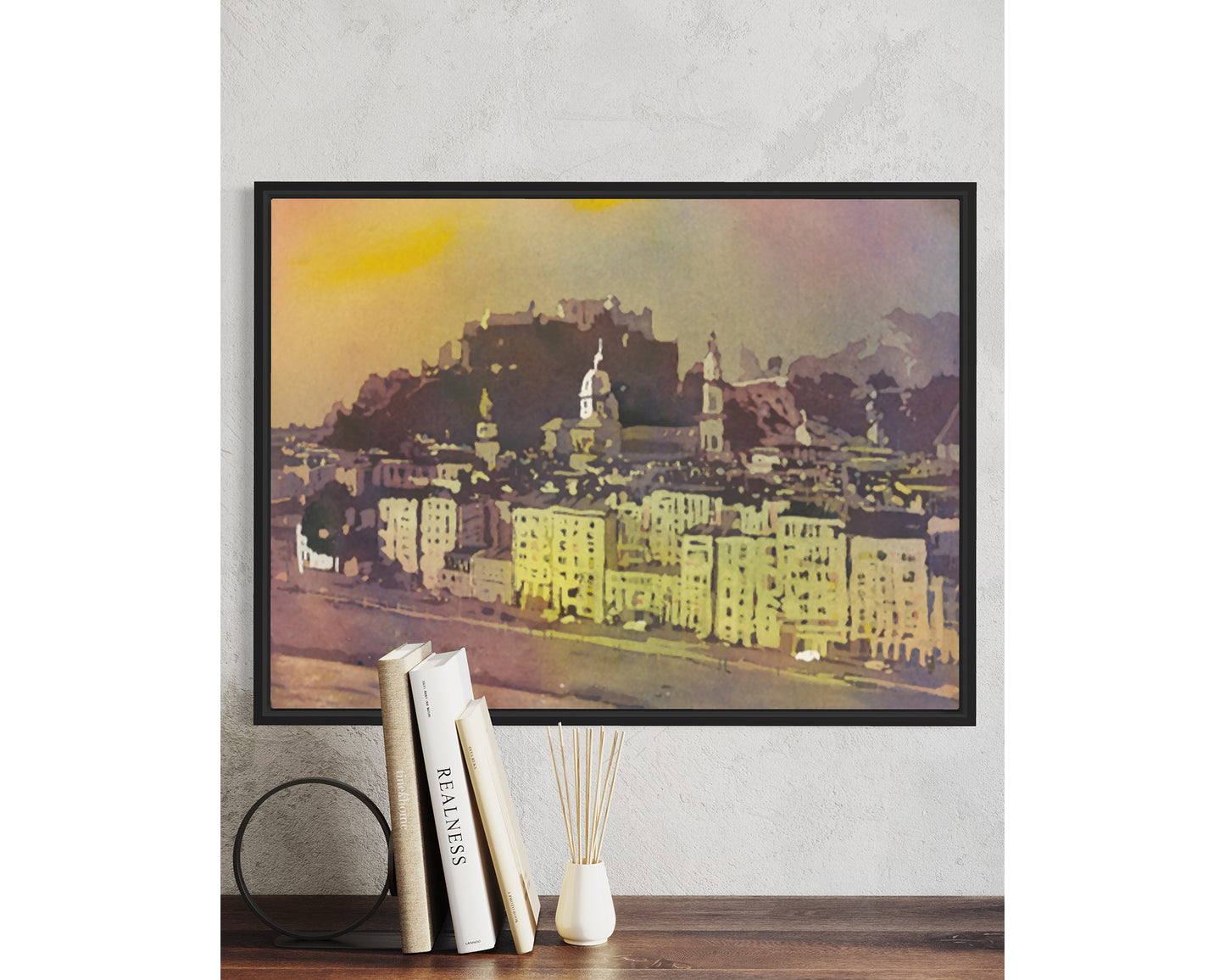 Watercolor landscape Salzburg Austria skyline, trendy wall art  Austrian architecture art for house (original)