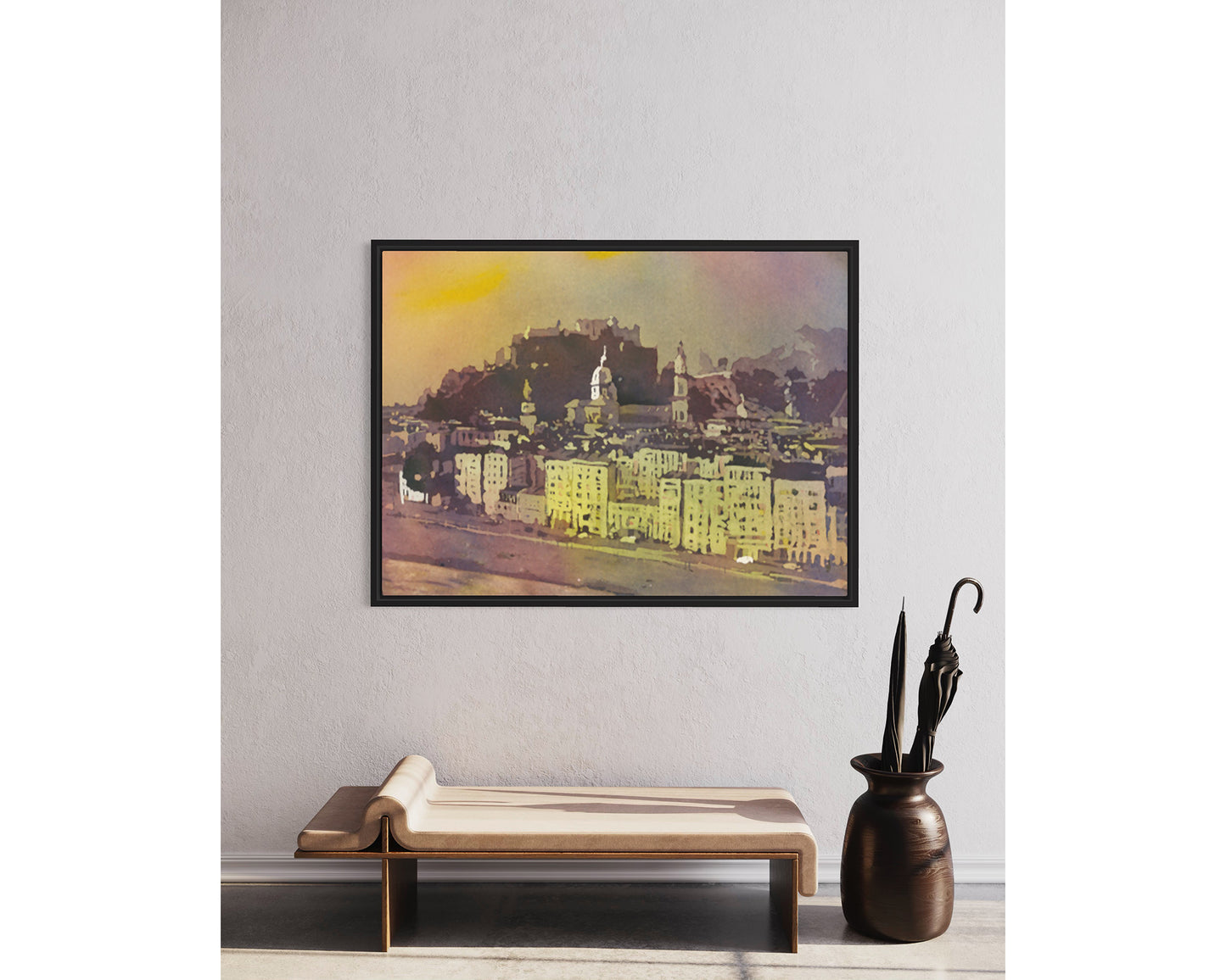 Watercolor painting Salzburg Austria skyline, trendy wall art  Austrian architecture art for house (print)
