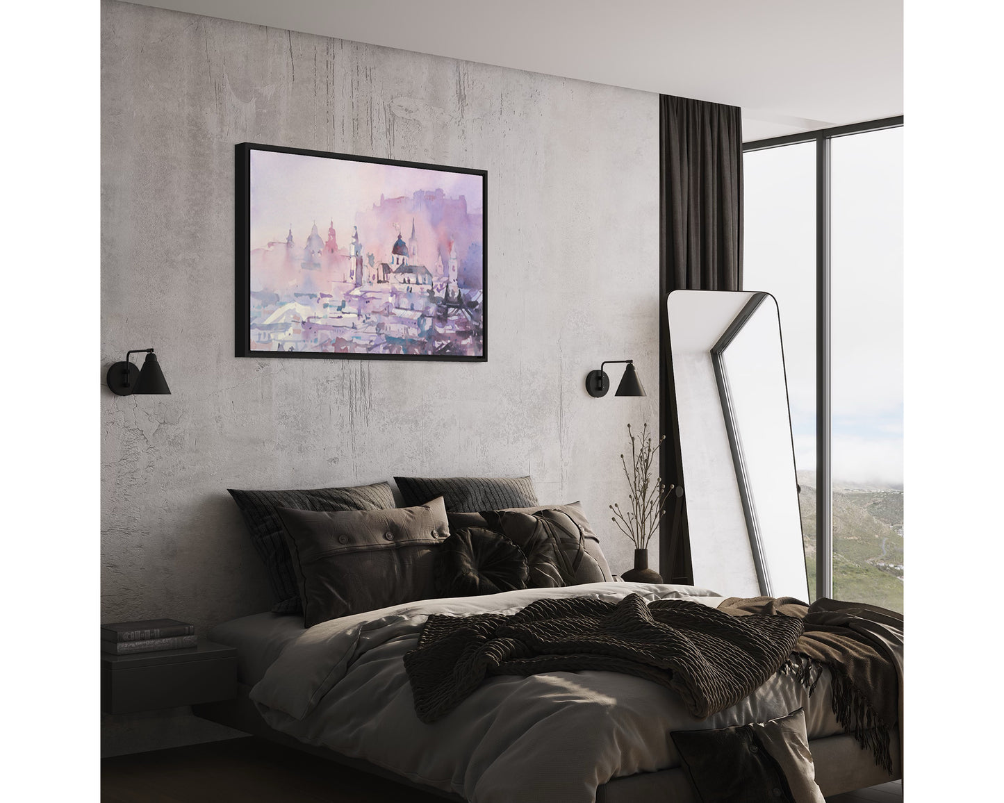 Watercolor landscape Salzburg Austria skyline, trendy wall art  Austrian architecture art for house (original)