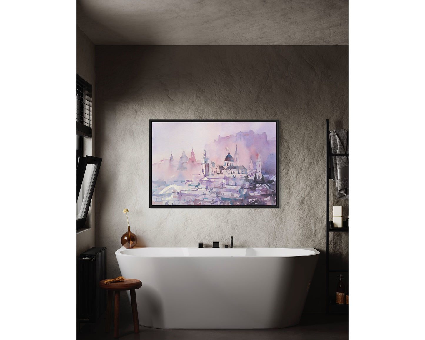 Watercolor landscape Salzburg Austria skyline, trendy wall art  Austrian architecture art for house (original)