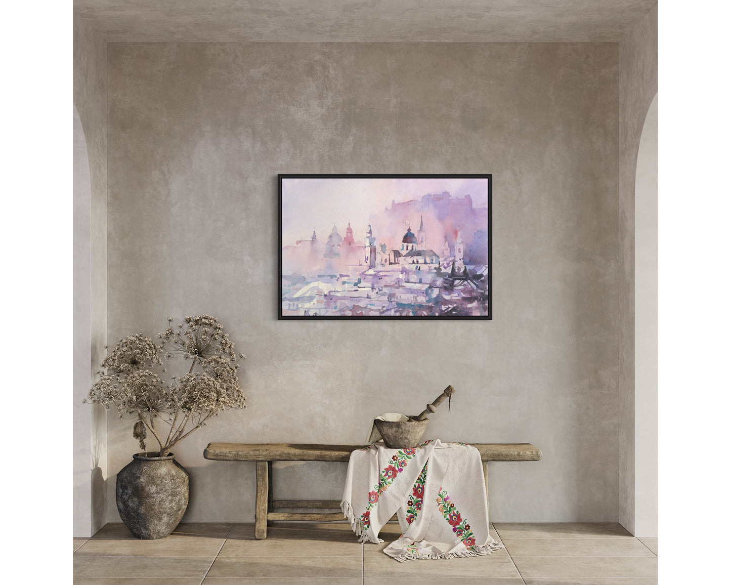 Watercolor landscape Salzburg Austria skyline, trendy wall art  Austrian architecture art for house (original)